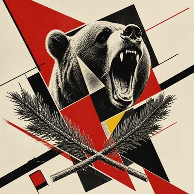 a roaring bear head above crossed pine branches, bold graphic composition on a plain background, no text