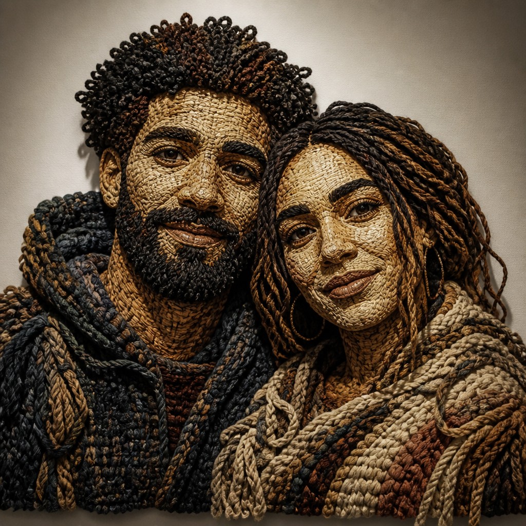 portrait of two people together — Fiber Art Style