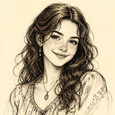 head-and-shoulders portrait of an original character: a young woman with wavy chestnut hair and a warm smile, plain soft backdrop