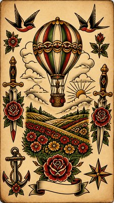 a hot air balloon drifting over rolling flower fields on a sunny day, cheerful, no text