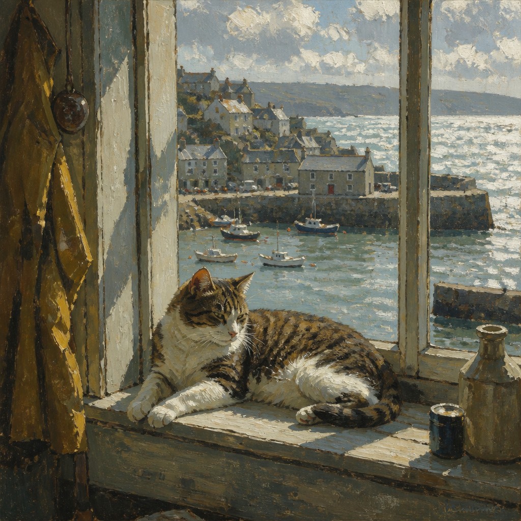 a cat lounging in a sunlit window — Cornwall Plein Air Art Style