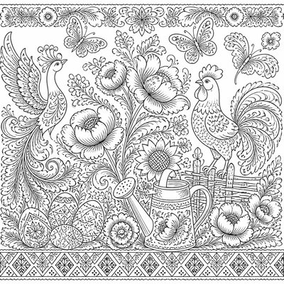 a garden scene with butterflies, flowers and a watering can, clean uncolored line art, no text