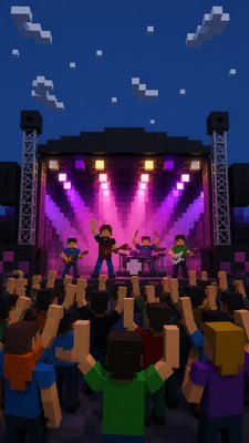 a live music scene with a glowing stage and silhouetted crowd, energetic vertical composition with open space at the top, no text