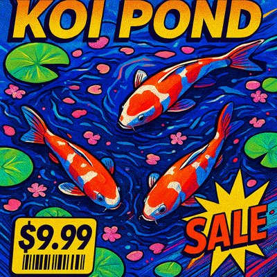 A koi pond seen from above, orange and white koi fish swimming among lily pads, clear water with subtle ripples, fallen cherry blossom petals floating on the surface, dappled sunlight