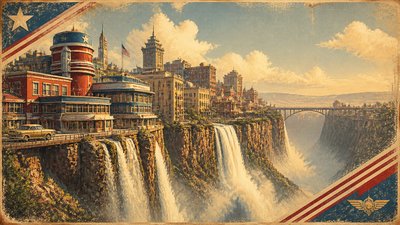 a cliffside city with waterfalls cascading into a misty canyon, wide establishing shot, no people, no text