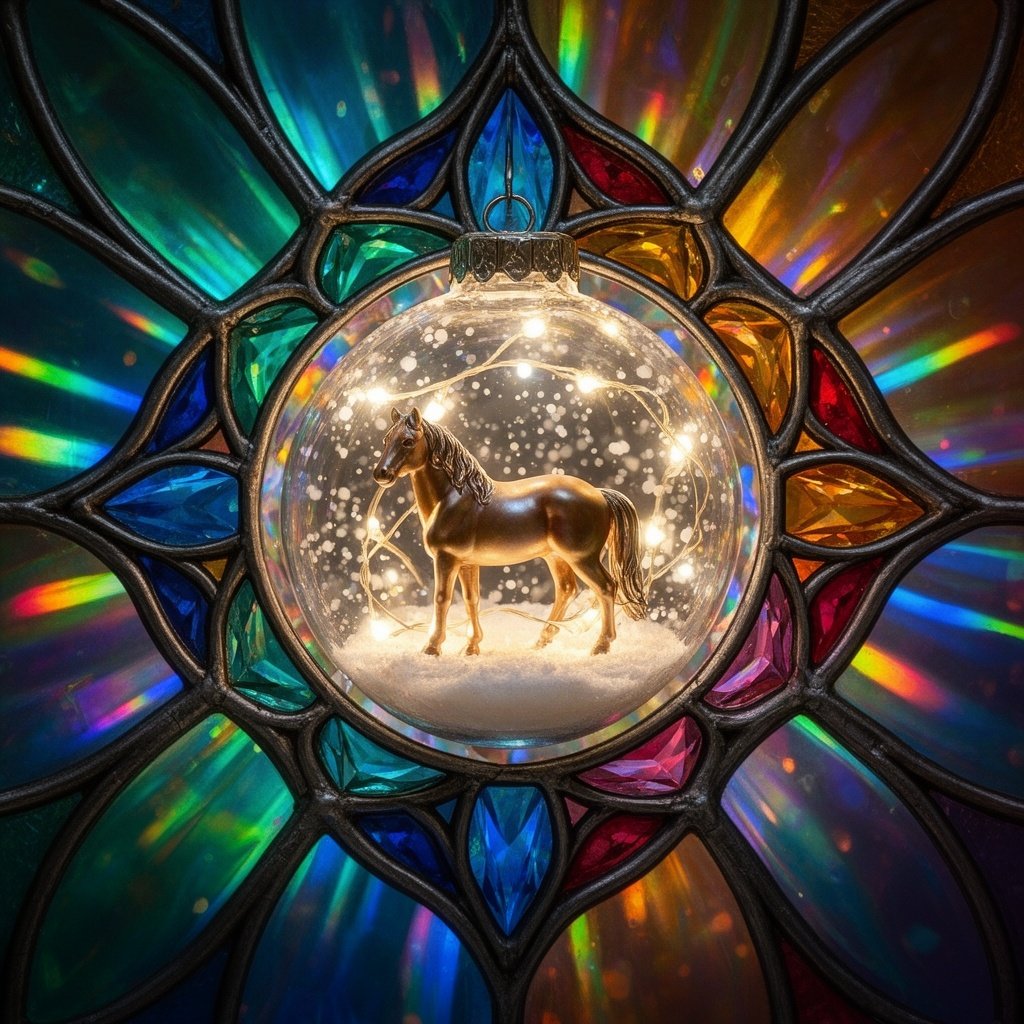 Tiny Horse Inside a Glass Ornament
a clear glass christmas ornament containing a miniature horse scene, glowing fairy lights, gentle snowfall particles inside, hyper-detailed reflections, delicate glass texture, whimsical fantasy realism, dreamy warm lighting, bokeh background