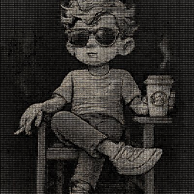 a black and white photo of a child wearing sunglasses