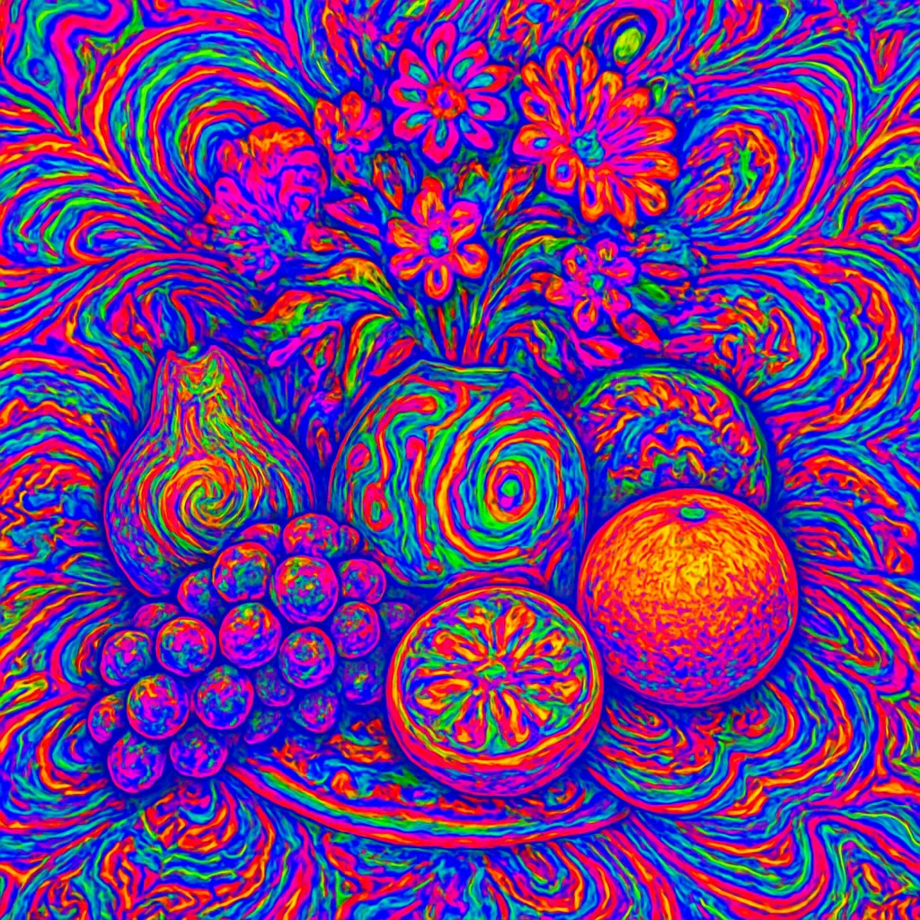 still life arrangement of fruits and flowers