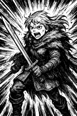 a black and white drawing of a person with a sword