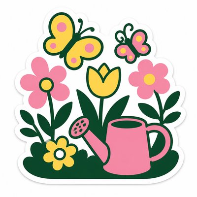 a garden scene with butterflies, flowers and a watering can, clean uncolored line art, no text