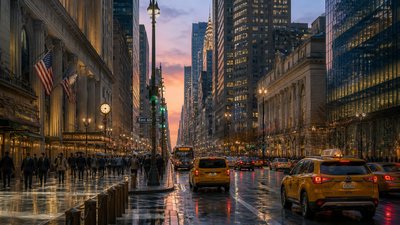 bustling city street panorama at dusk