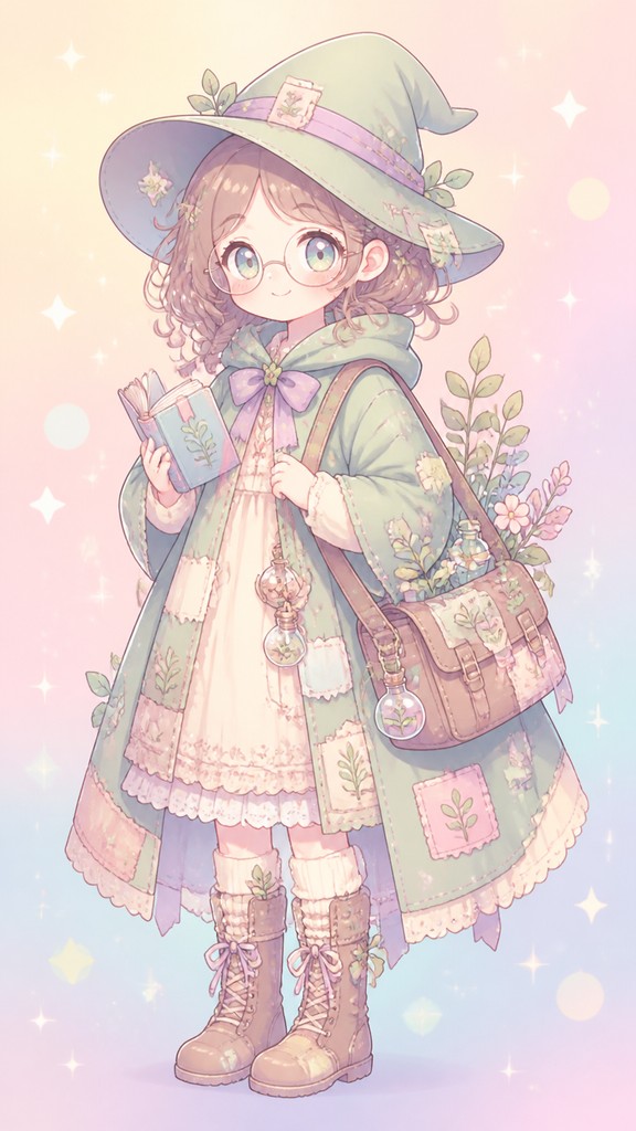 full-body original character: a wandering botanist with a satchel of plants, a patched green cloak, tall boots and round glasses, neutral background
