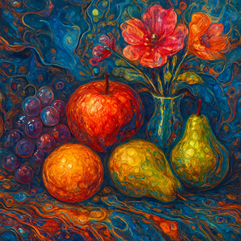 still life arrangement of fruits and flowers