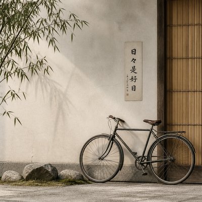 bicyle resting against a wall — Japanese Architecture Art