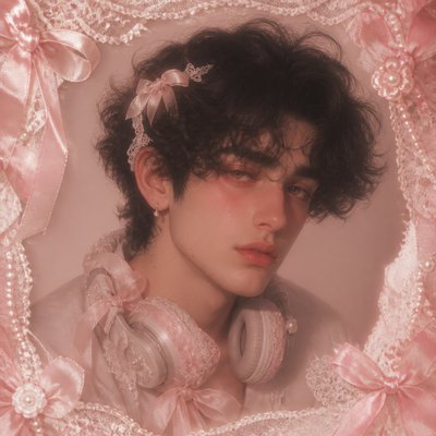 head-and-shoulders portrait of an original character: a young man with curly dark hair and headphones around his neck, plain backdrop, no text
