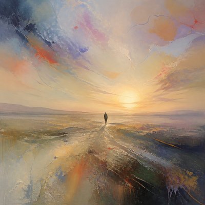 a solitary figure walking toward a glowing horizon across an empty plain, moody atmosphere, no text or lettering