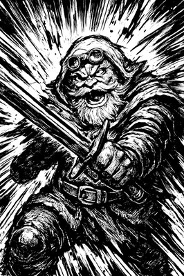 a black and white drawing of a wizard holding a sword