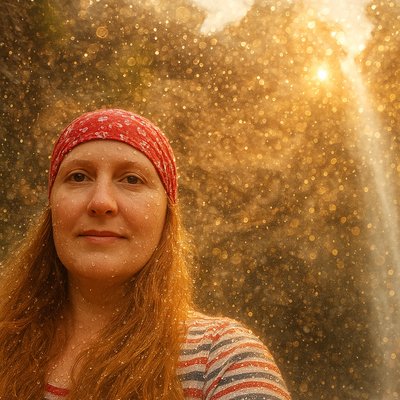 a woman wearing a red bandana standing in front of a waterfall