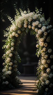 an arch of white roses and eucalyptus in soft morning light, elegant vertical composition with open space, no text
