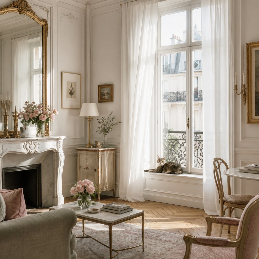 a cat lounging in a sunlit window — Parisian Apartment Interior Design