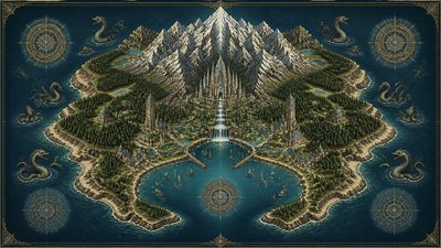 a map of an island realm with mountains, forests, a sheltered bay, sea monsters in the water and a compass rose, no text labels