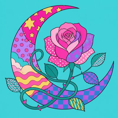 a rose entwined with a crescent moon, clean balanced composition on a plain background, no text