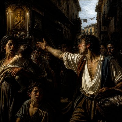 urban street with city activity — Neapolitan Baroque Art Style