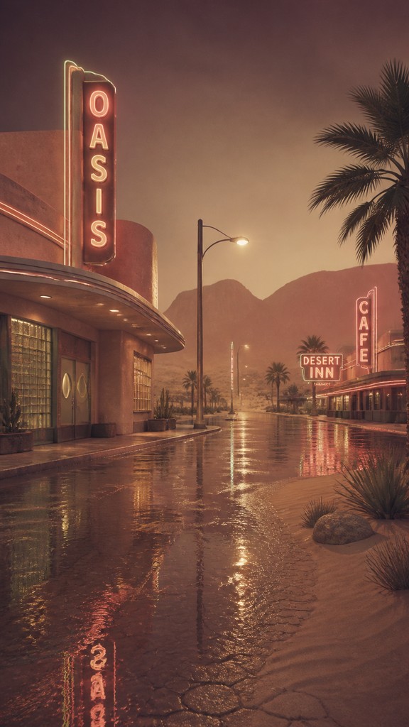 a quiet rainy city street at night reflecting neon signs, no people