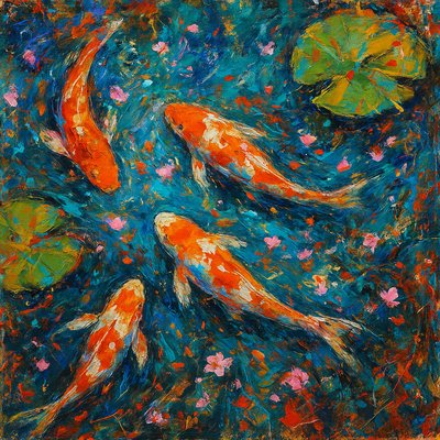 A koi pond seen from above, orange and white koi fish swimming among lily pads, clear water with subtle ripples, fallen cherry blossom petals floating on the surface, dappled sunlight