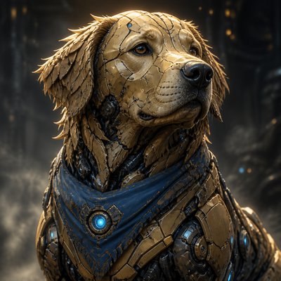 portrait of a golden retriever wearing a blue bandana, warm plain backdrop, no text