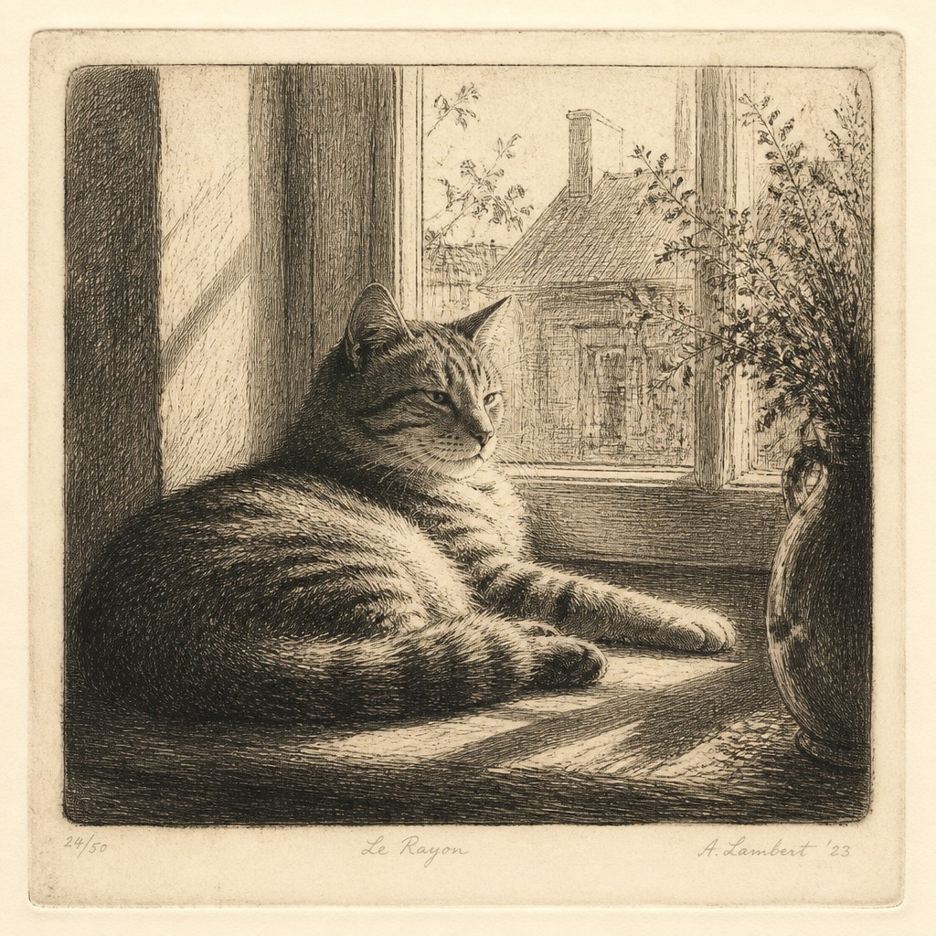 a cat lounging in a sunlit window — Etching Print Style