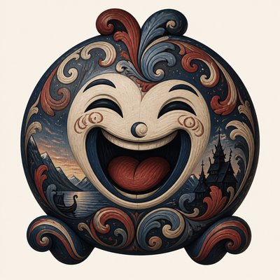 an exaggerated laughing face of an original round mascot character, bold and readable at small size, plain background, no text