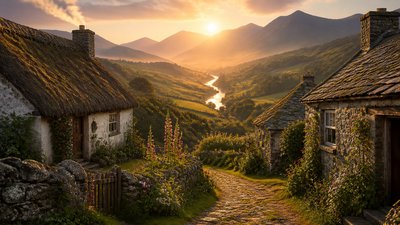 a vast valley with a river winding toward distant mountains at sunrise, no people, no text