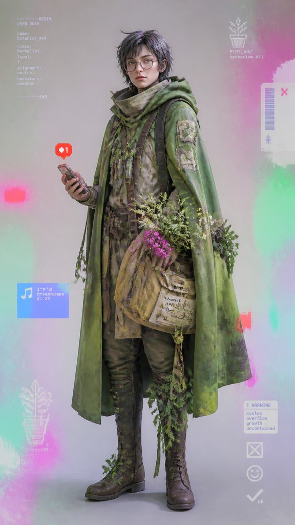 full-body original character: a wandering botanist with a satchel of plants, a patched green cloak, tall boots and round glasses, neutral background