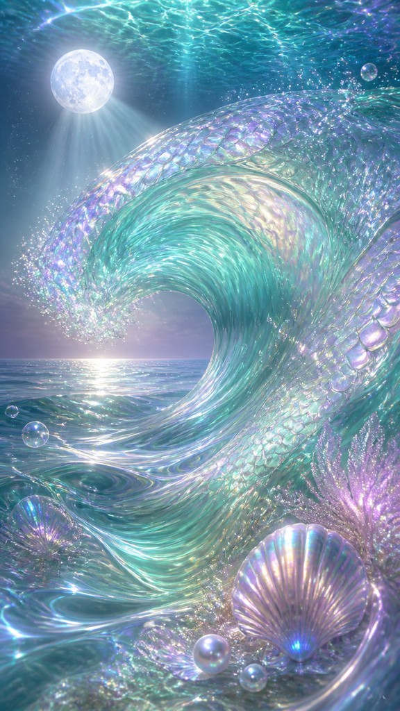 an ocean wave curling under moonlight, no people