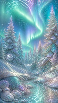 a snowy pine forest under the northern lights, no people