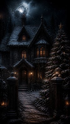 a snow-covered cottage with warm glowing windows beside a decorated pine tree, gentle snowfall, no text