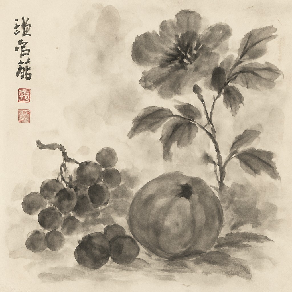 still life arrangement of fruits and flowers