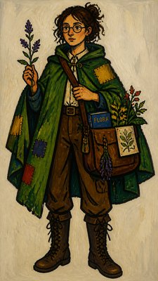 full-body original character: a wandering botanist with a satchel of plants, a patched green cloak, tall boots and round glasses, neutral background