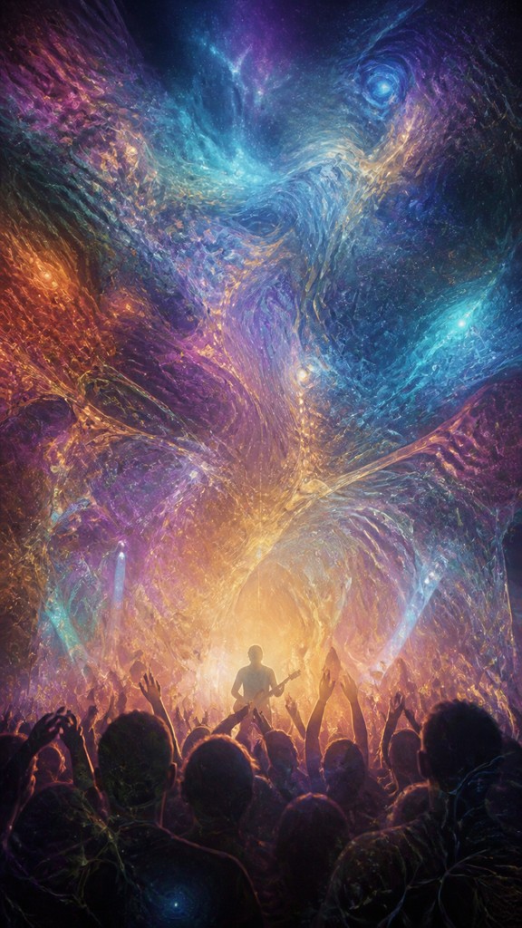a live music scene with a glowing stage and silhouetted crowd, energetic vertical composition with open space at the top, no text