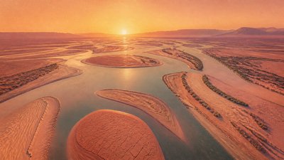 a wide river delta seen from above at sunset, no people