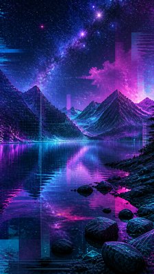 a tranquil mountain lake beneath a starry night sky, no people, no text