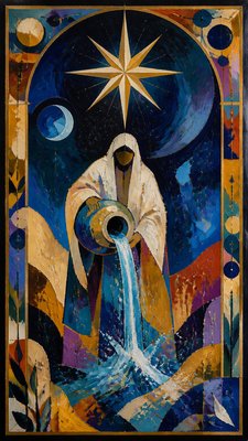 a robed figure pouring water beneath a large eight-pointed star in a night sky, symmetrical composition with an ornate decorative border, no text
