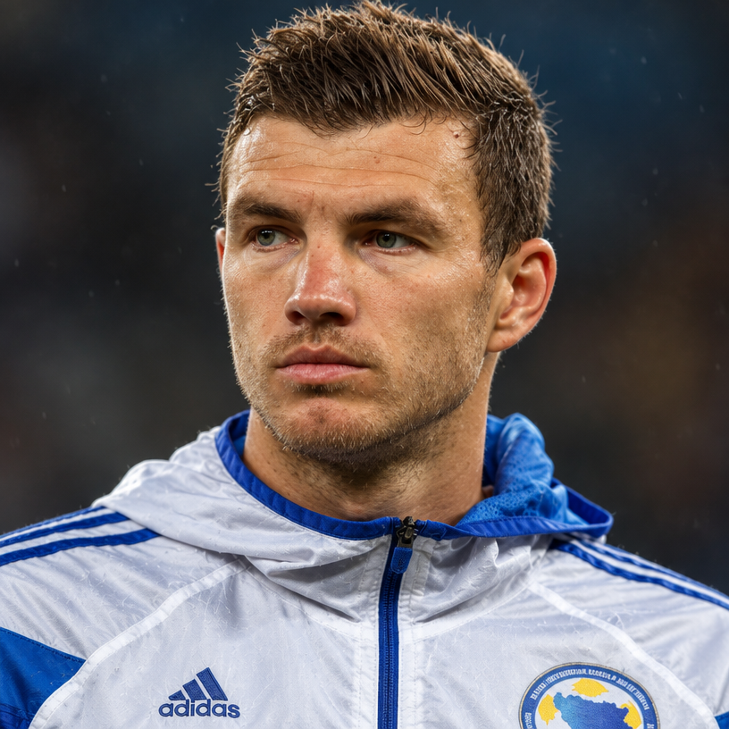 a close up of a soccer player wearing a blue and white jacket