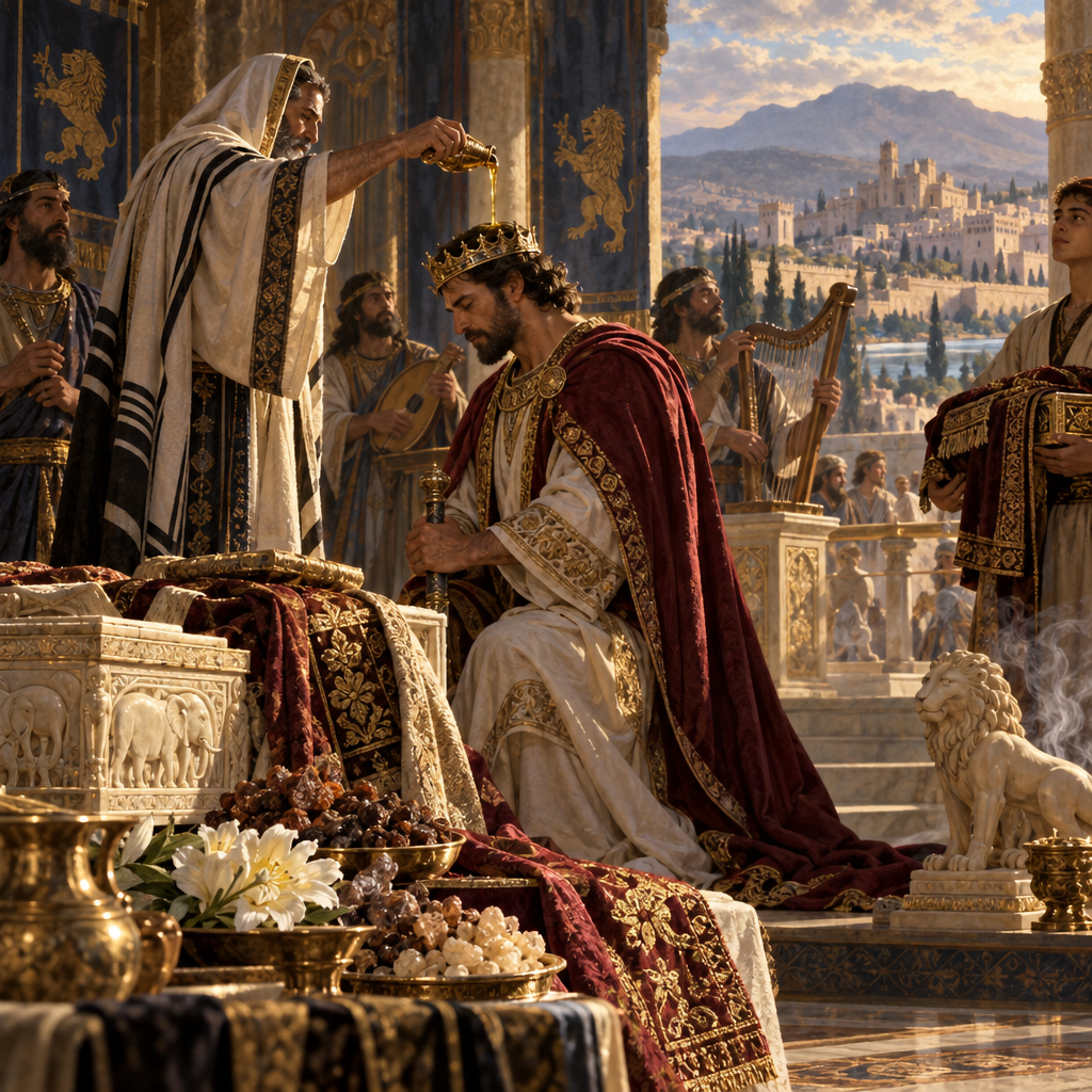 Psalms 45:7-8 (JPS)
7 (45:8) Thou hast loved righteousness, and hated wickedness; therefore God, thy God, hath anointed thee with the oil of gladness above thy fellows.
8 (45:9) Myrrh, and aloes, and cassia are all thy garments; out of ivory palaces stringed instruments have made thee glad.