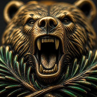 a roaring bear head above crossed pine branches, bold graphic composition on a plain background, no text