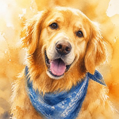 portrait of a golden retriever wearing a blue bandana, warm plain backdrop, no text