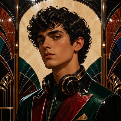 head-and-shoulders portrait of an original character: a young man with curly dark hair and headphones around his neck, plain backdrop, no text