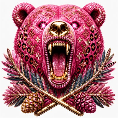 a roaring bear head above crossed pine branches, bold graphic composition on a plain background, no text