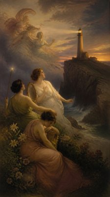 a lone lighthouse on a cliff at dusk under a dramatic sky, no text or lettering